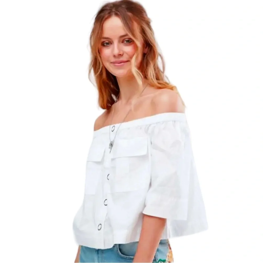 Free People Showing Shoulders Top Large 12 White 100% Cotton Breathable Cool NWT